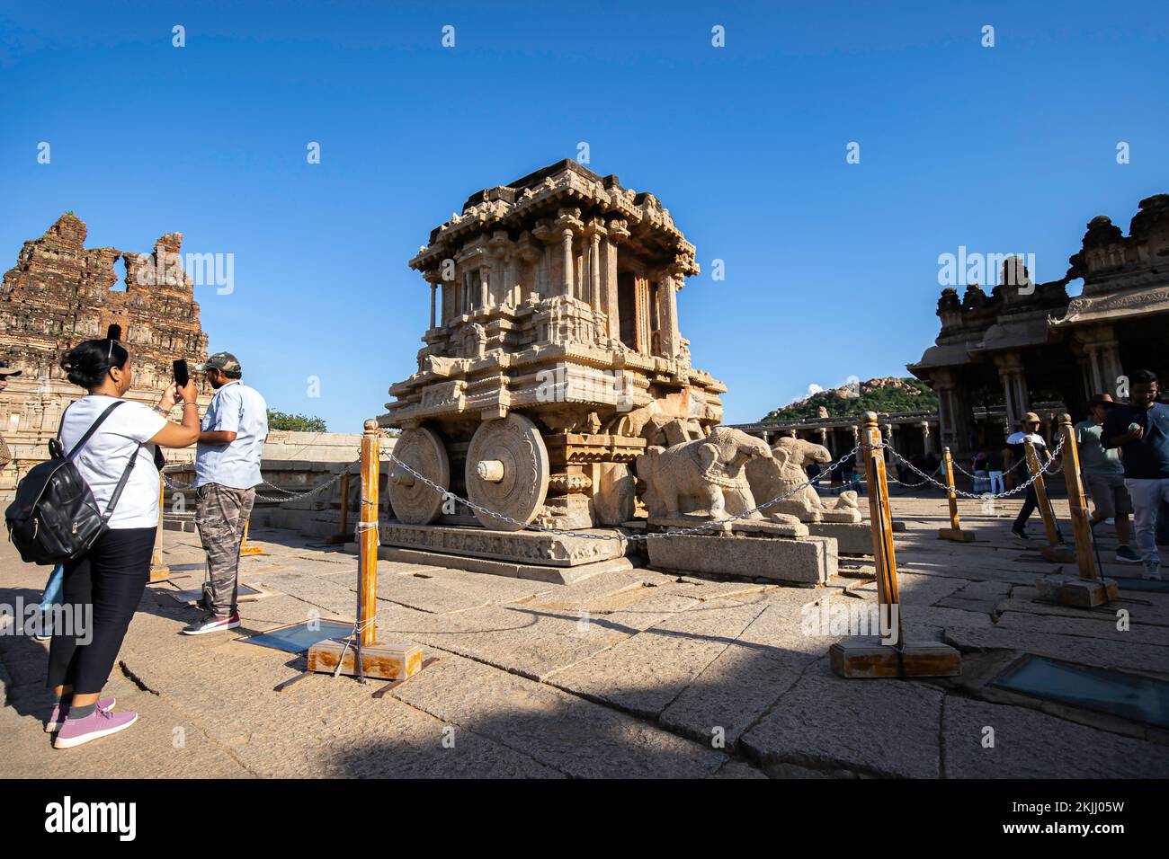 Karnataka’s tourism icon...The Stone Chariot, Hampi. Built by King Krishnadevaraya of Vijayanagara Empire during 16th century, Stock Photo