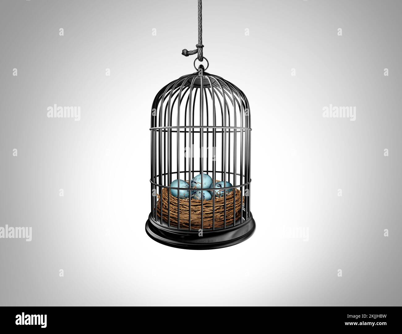 Limited Opportunity Concept and lack of future opportunities as a nest full of eggs imprisoned in a bird cage as a symbol for restricted plan Stock Photo