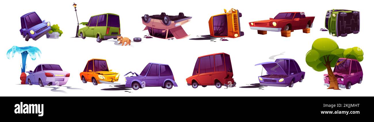Road accident isolated set, broken cars lying on roof and door, bump into tree and water hydrant, automobiles in insurance situation, accidental damage, crashed vehicles, Cartoon vector illustration Stock Vector