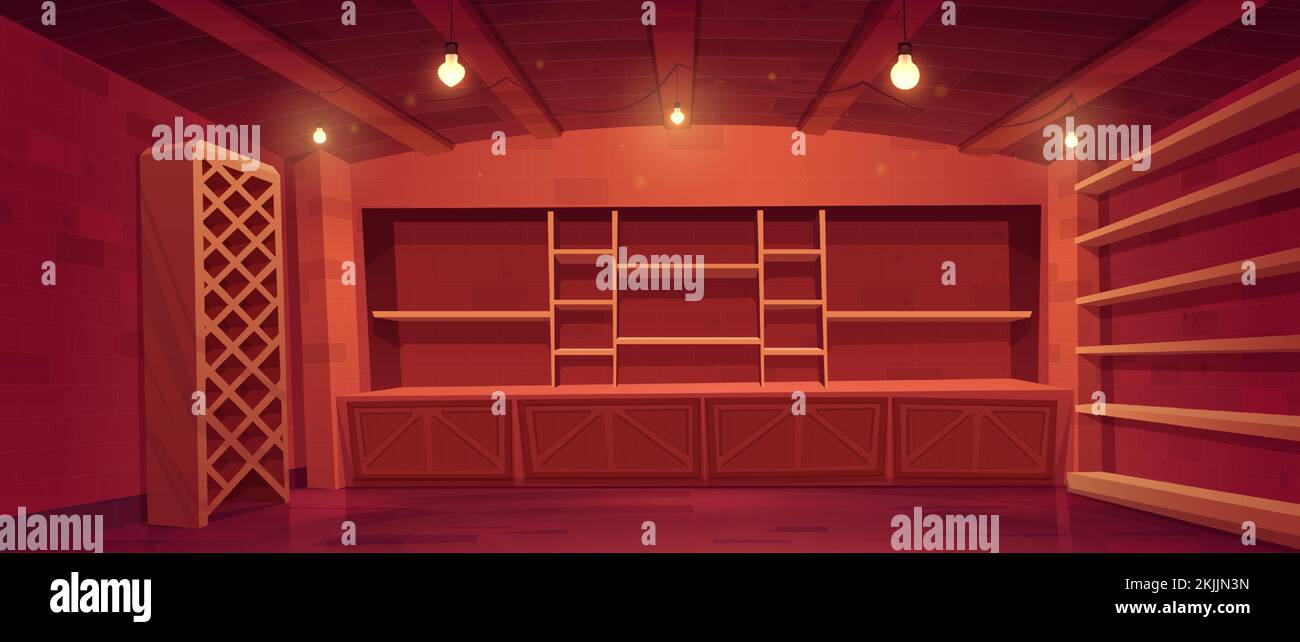 Cellar interior with wooden shelves and wine rack. Wine shop with empty showcase, food storage