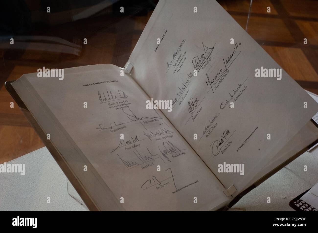 A view of the original peace agreement document during the sixth anniversary of the signing of Colombia's Peace Agreement between the Colombian government and former guerrilla group FARC-EP. Photo by: Chepa Beltran/Long Visual Press Credit: Long Visual Press/Alamy Live News Stock Photo