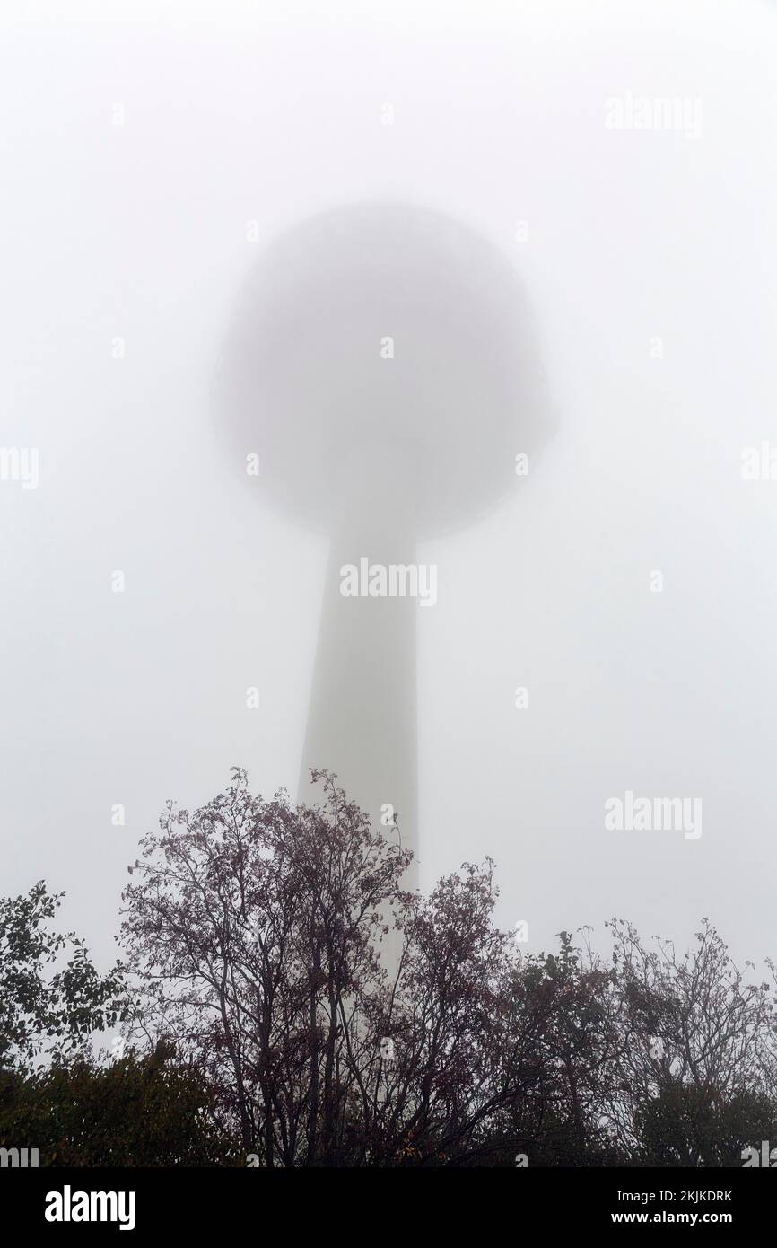 Köterberg telecommunications tower in the fog, dreary autumn weather, Lügde, Weserbergland, North Rhine-Westphalia, Germany, Europe Stock Photo
