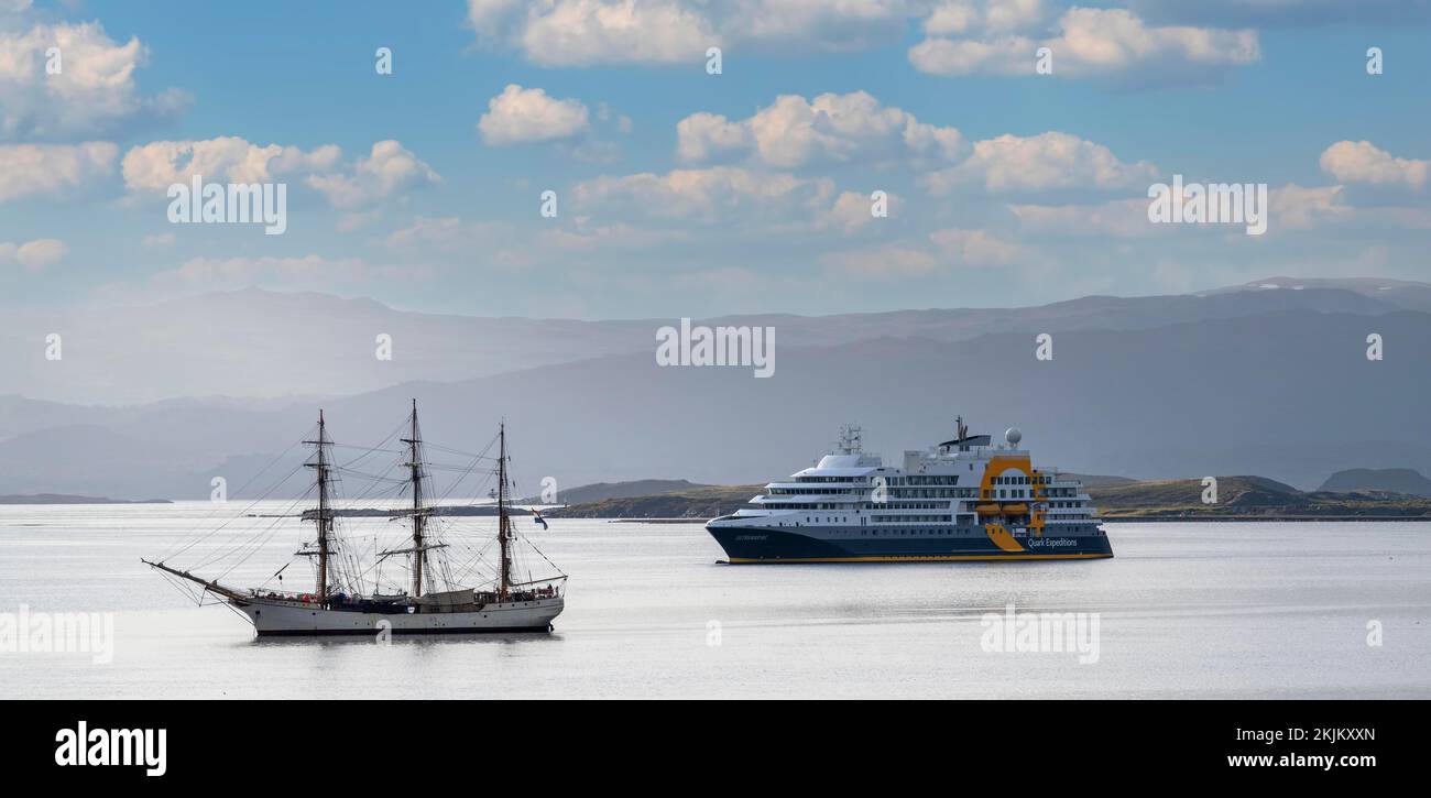 Sailing Ship with Cruise Ship Travel Ships Old and New Contrast Port Usuaia Argentina Stock Photo
