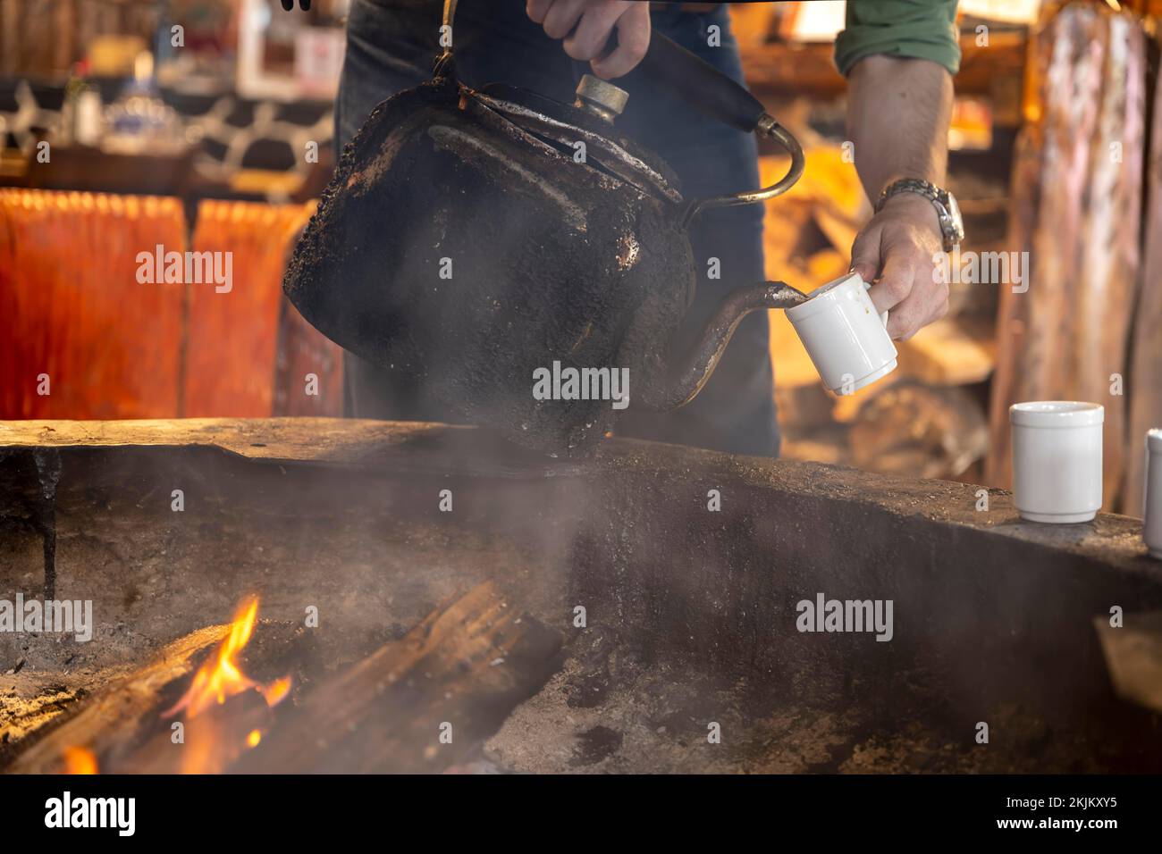 Coffee from Wood Fireplace Ushuaia Argentina Stock Photo
