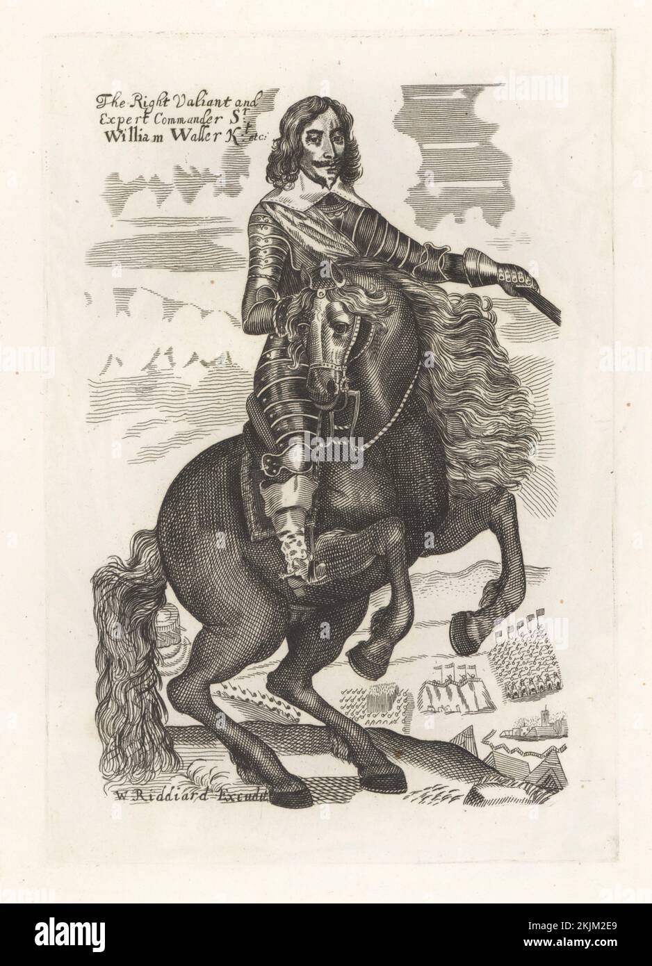 Sir William Waller, English soldier, c. 1597-1668. Commander of Parliamentarian armies during the First English Civil War. On horseback in plate armour, sash, collar and boots with spurs. Vignette of miltary camps and battles. The right valiant and expert commander. Published by William Riddiard, from the unique equestrian print in Earl Spenser's Clarendon. Copperplate engraving from Samuel Woodburn’s Gallery of Rare Portraits Consisting of Original Plates, George Jones, 102 St Martin’s Lane, London, 1816. Stock Photo