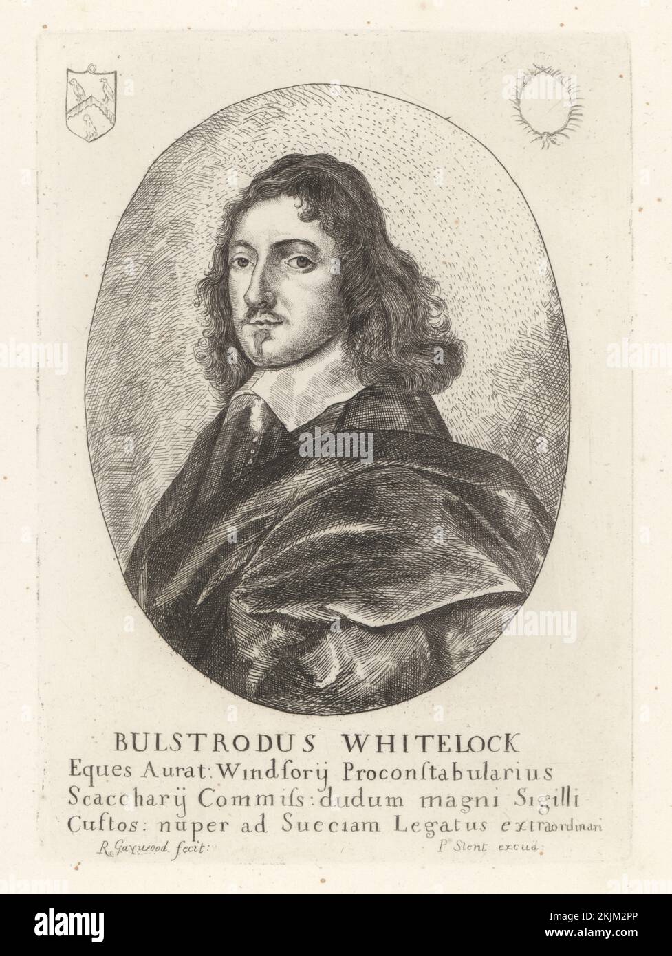 Sir Bulstrode Whitelocke, English lawyer, diplomat, writer, parliamentarian and Lord Keeper of the Great Seal of England, 1605-1675. In collar and cloak, with coat of arms and wreath. Bulstrodus Whitelock. published by Peter Stent engraved by Richard Gaywood. Copperplate engraving from Samuel Woodburn’s Gallery of Rare Portraits Consisting of Original Plates, George Jones, 102 St Martin’s Lane, London, 1816. Stock Photo