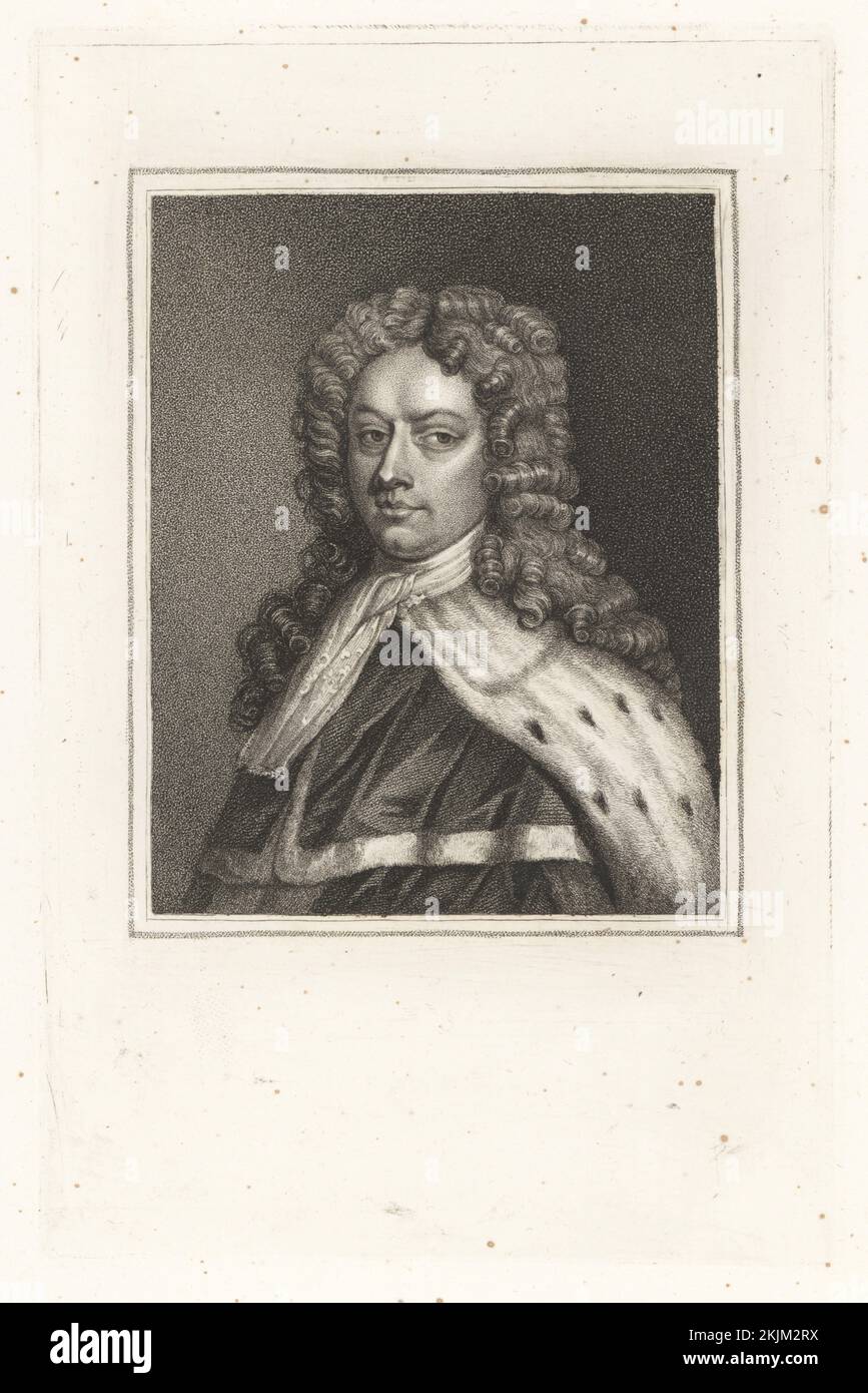Philip Wharton, Duke of Wharton, 1698-1731. Powerful Jacobite politician, lost his fortune in the South Sea Bubble of 1720.  Philip, Duke of Wharton, from an original picture by Charles Jervas. Copperplate engraving from Samuel Woodburn’s Gallery of Rare Portraits Consisting of Original Plates, George Jones, 102 St Martin’s Lane, London, 1816. Stock Photo