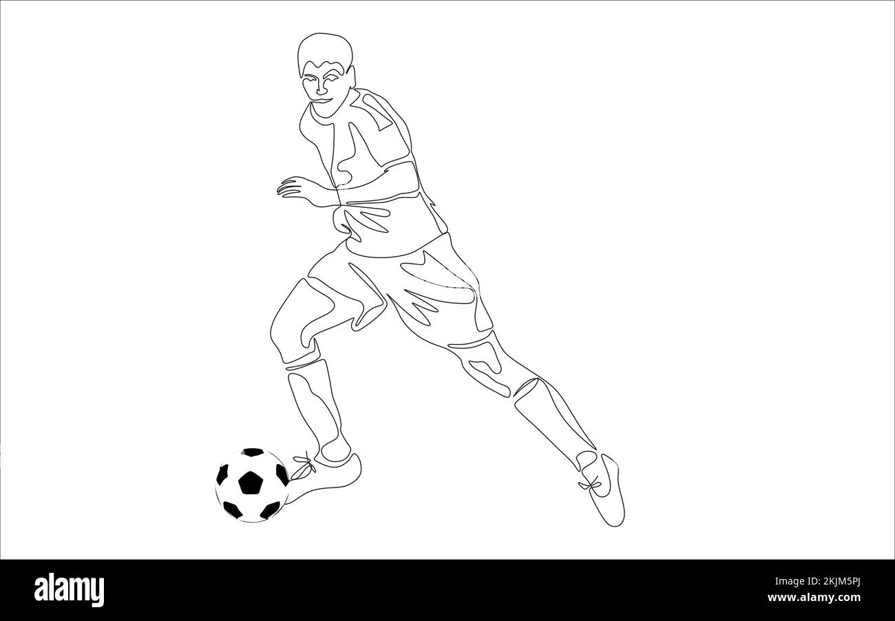 Continuous line drawing of football player kicking ball Stock Vector