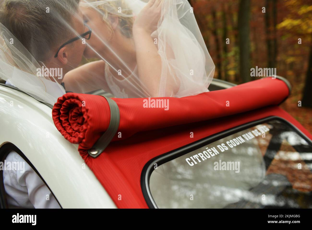 The duck, the nostalgia car (Citroen 2 CV), here the version Dolly- of the years 1949 to 1990 is used by young people today as a wedding car, Germany, Stock Photo
