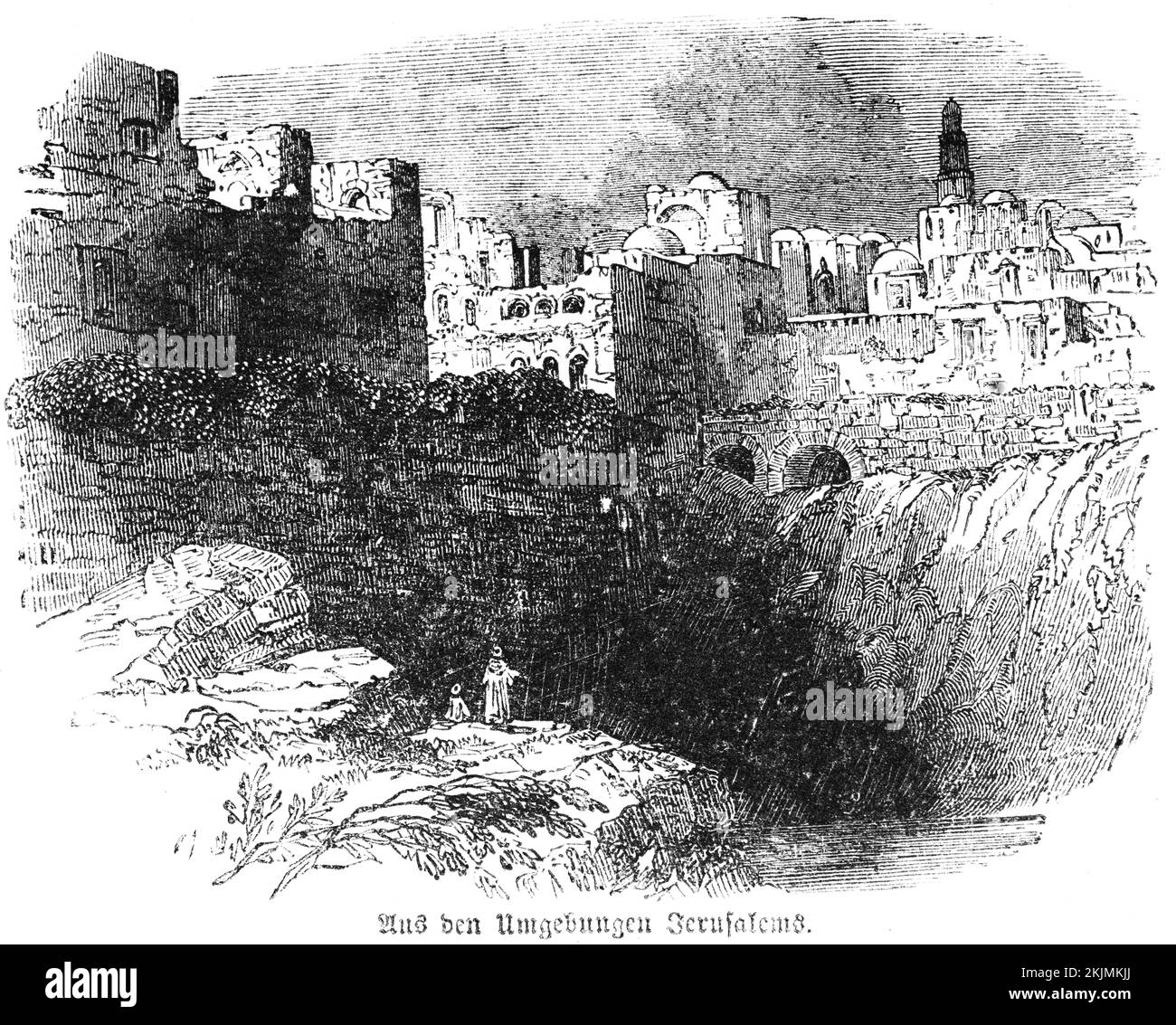 From the surroundings of Jerusalem, city view, rocks, city wall, buildings, Bible, Old Testament, Second Book of Chronicles, historical illustration c Stock Photo