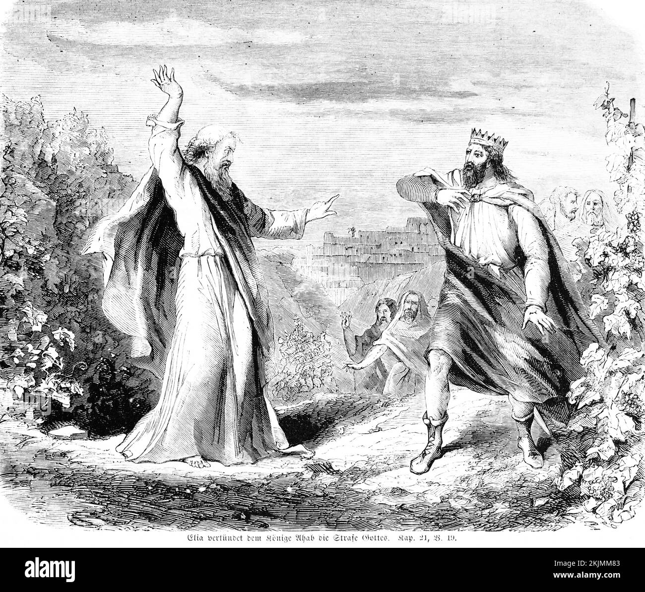 Elijah proclaims God's punishment to King Ahab, proclaim, killing, slay, ruler, blood, Naboth, dogs, God, rage, accuse, city, mountains, men, Bible, O Stock Photo