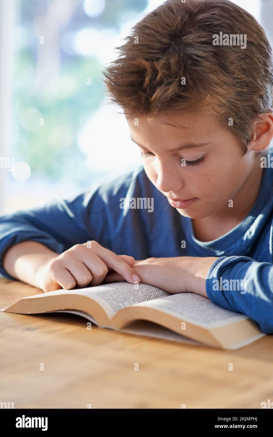 Hes really getting into it. a young boy reading a book at a table Stock