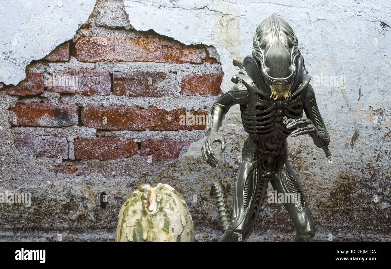 Alien Xenomorph with alien egg. Action figure from the original Alien movie by Twentieth Century Fox. Stock Photo