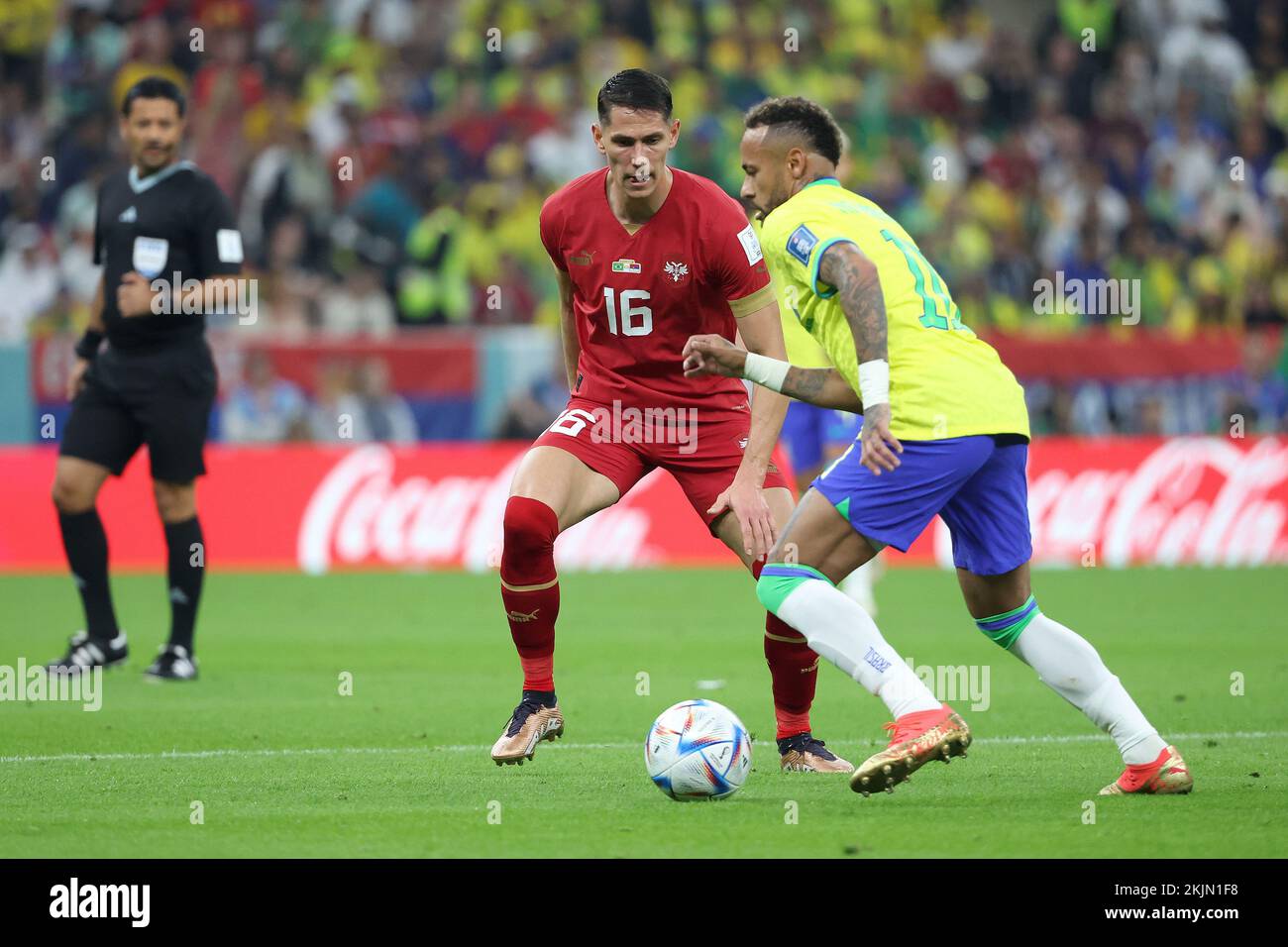 Doha, Qatar. 24th Nov, 2022. Sasa Lukic of Serbia, Neymar Jr of Brazil during the FIFA World Cup 2022, Group G football match between Brazil and Serbia on November 24, 2022 at Lusail Stadium in Al Daayen, Qatar - Photo: Jean Catuffe/DPPI/LiveMedia Credit: Independent Photo Agency/Alamy Live News Stock Photo