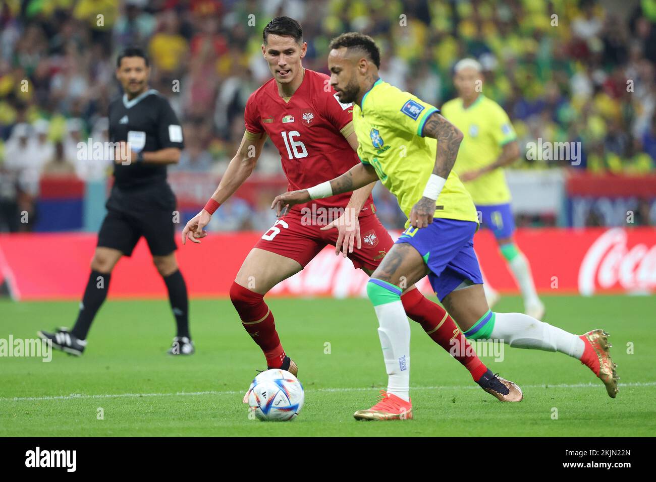 Doha, Qatar. 24th Nov, 2022. Sasa Lukic of Serbia, Neymar Jr of Brazil during the FIFA World Cup 2022, Group G football match between Brazil and Serbia on November 24, 2022 at Lusail Stadium in Al Daayen, Qatar - Photo: Jean Catuffe/DPPI/LiveMedia Credit: Independent Photo Agency/Alamy Live News Stock Photo