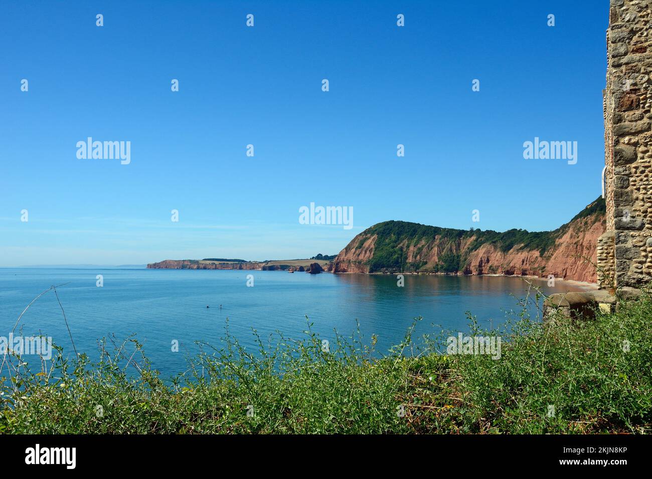 Elevated view of the sea at Jacobs Ladder beach with cliffs and coastline to the rear seen from Connaught Gardens, Sidmouth, Devon, UK, Europe Stock Photo