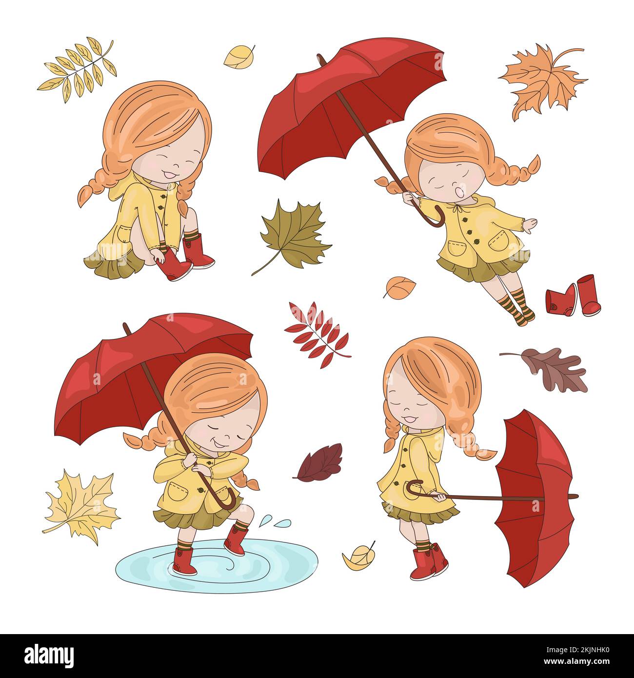 Girls And Umbrellas Autumn Characters Different Actions Of Cute Red Haired Girl With Red