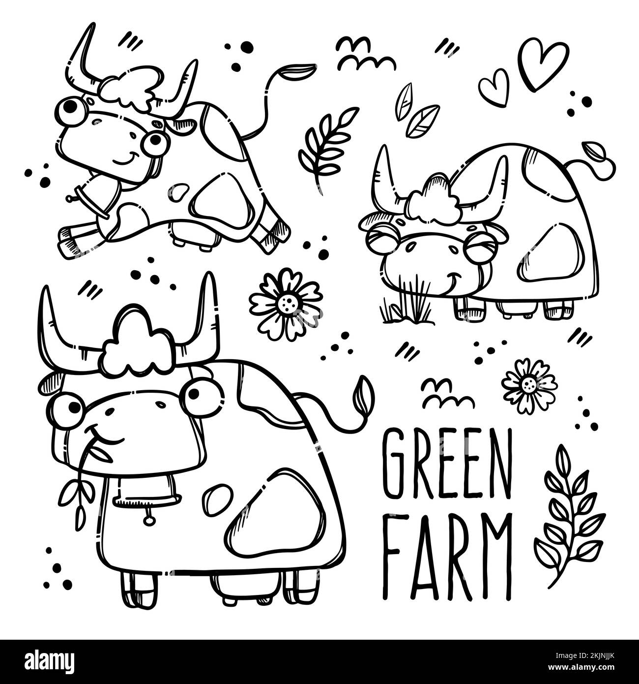 GREEN FARM MONOCHROME Cute Cows Hand-Drawn In Sketch Style Eat Grass And Leaves To Give Milk Cartoon Poster With Text Clip Art Vector Illustration Set Stock Vector
