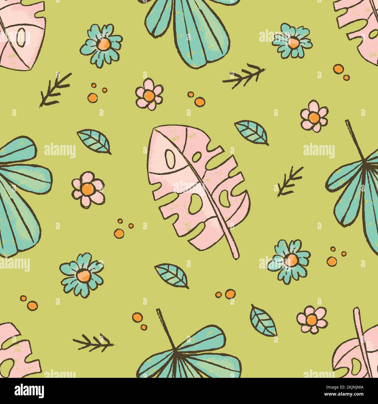 GRUNGE LEAVES Tropical Nature Hand Drawn Style Seamless Pattern Vector ...