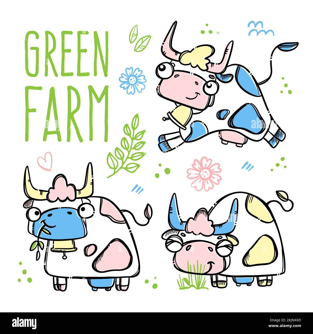 GREEN FARM Cute Cows Hand-Drawn In Sketch Style Runs To Farm And Eats