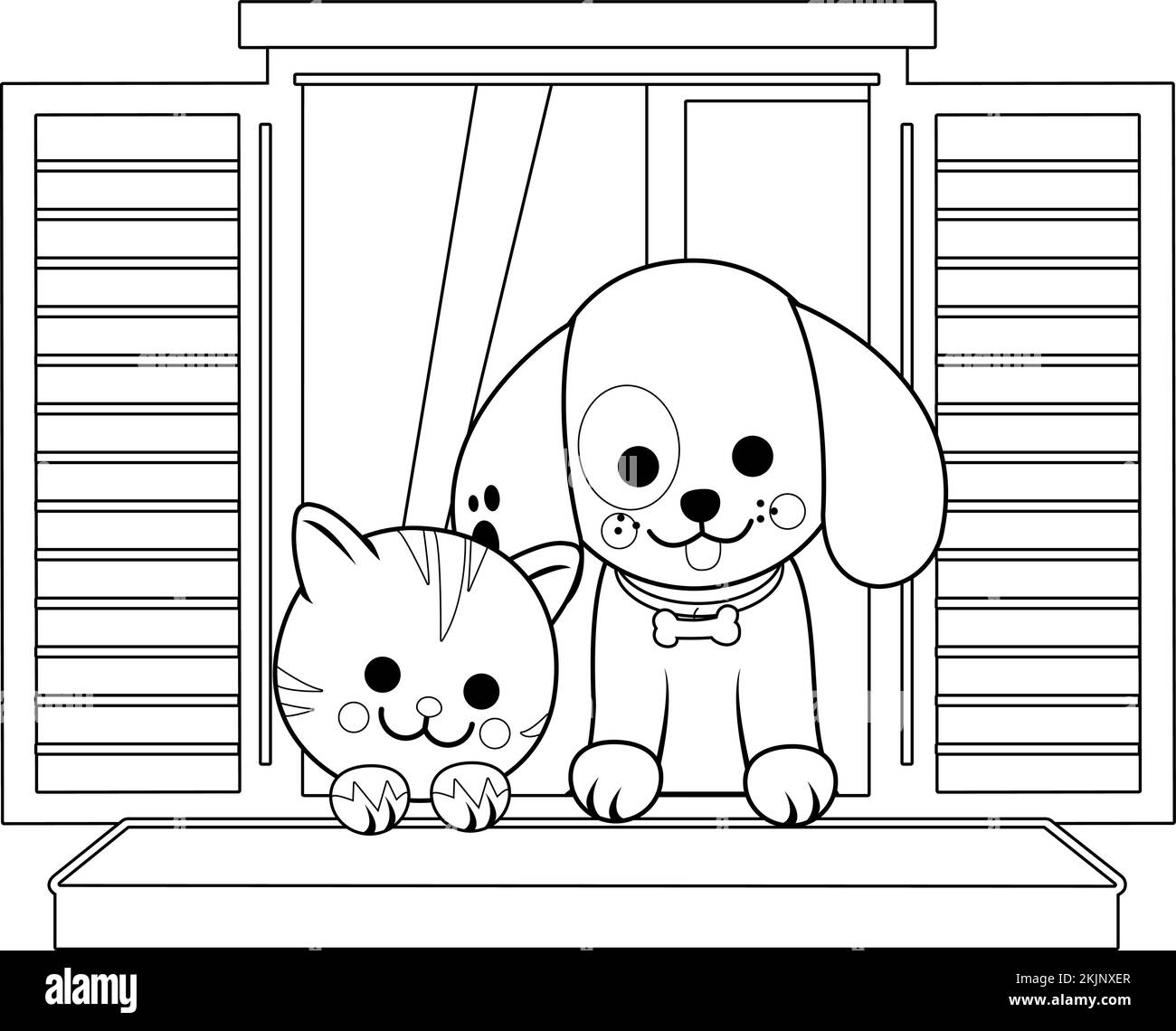 Cat and dog sitting on a window sill. Vector black and white coloring ...