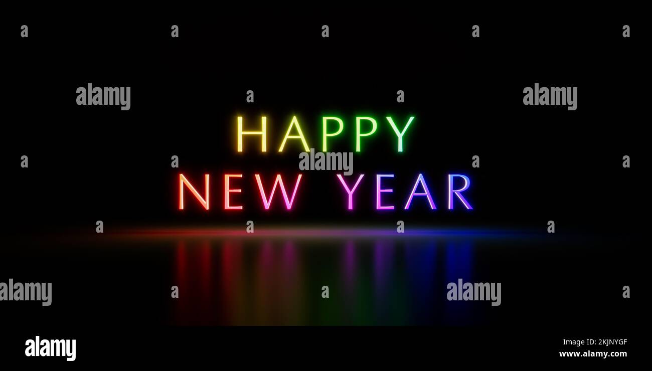 Happy New Year text in rainbow colors isolated on black background. 3d illustration, 3d rendering Stock Photo