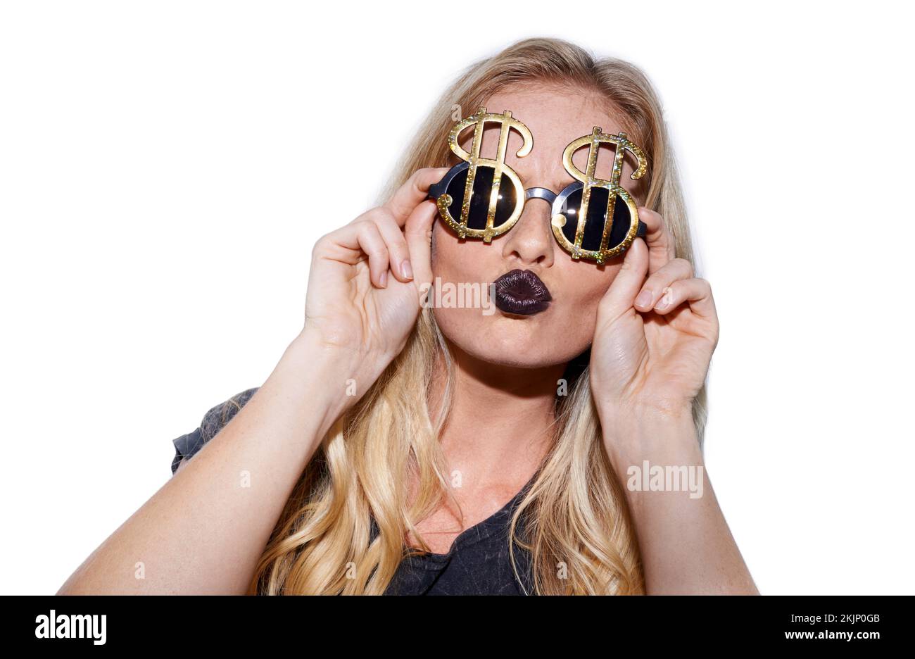 Bling bling. an unconventional blonde woman wearing bling sunglasses. Stock Photo