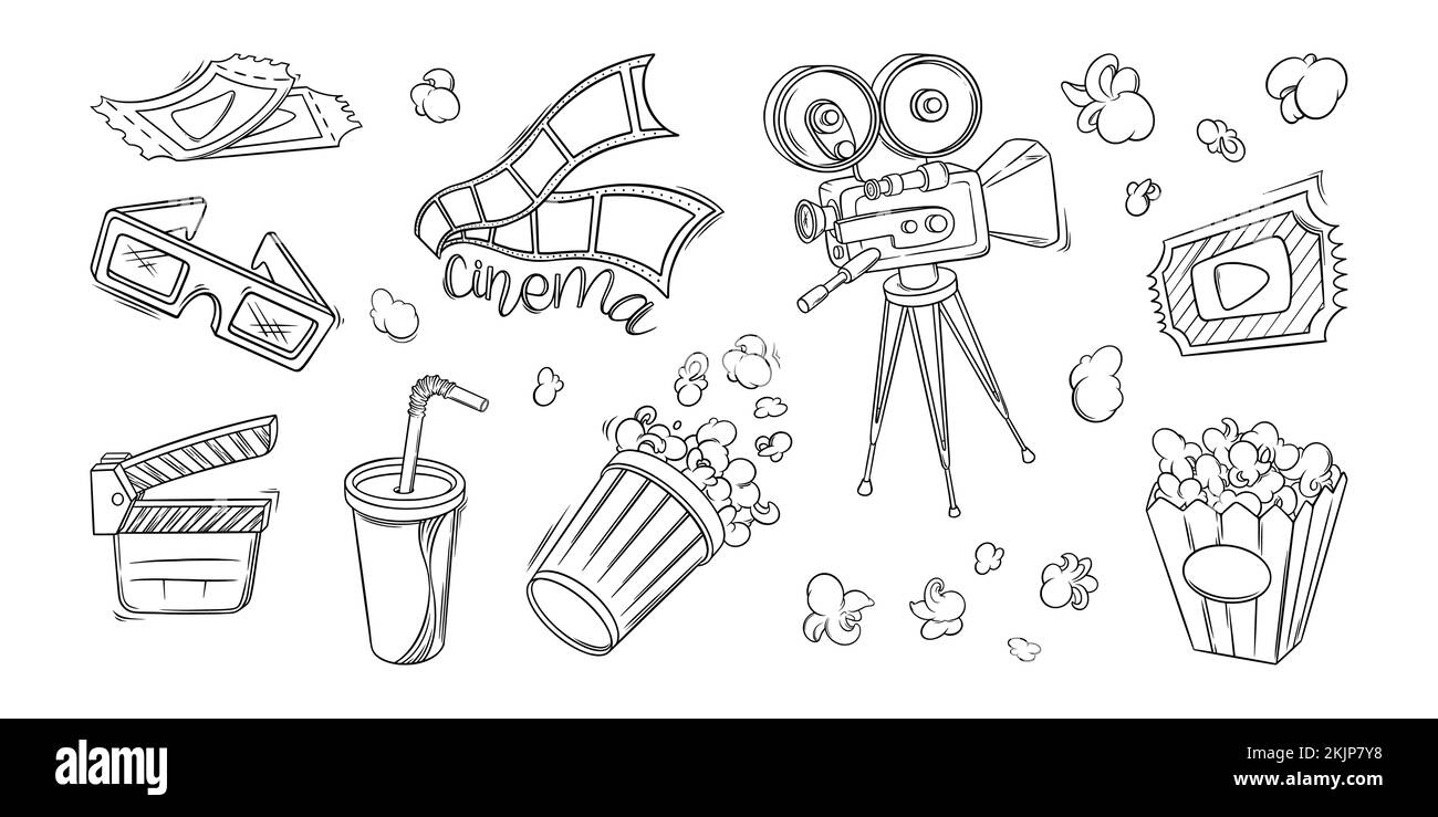 Cinema film, camera, popcorn and other objects. Cinema set in doodle style. Vector illustration isolated on white background Stock Vector