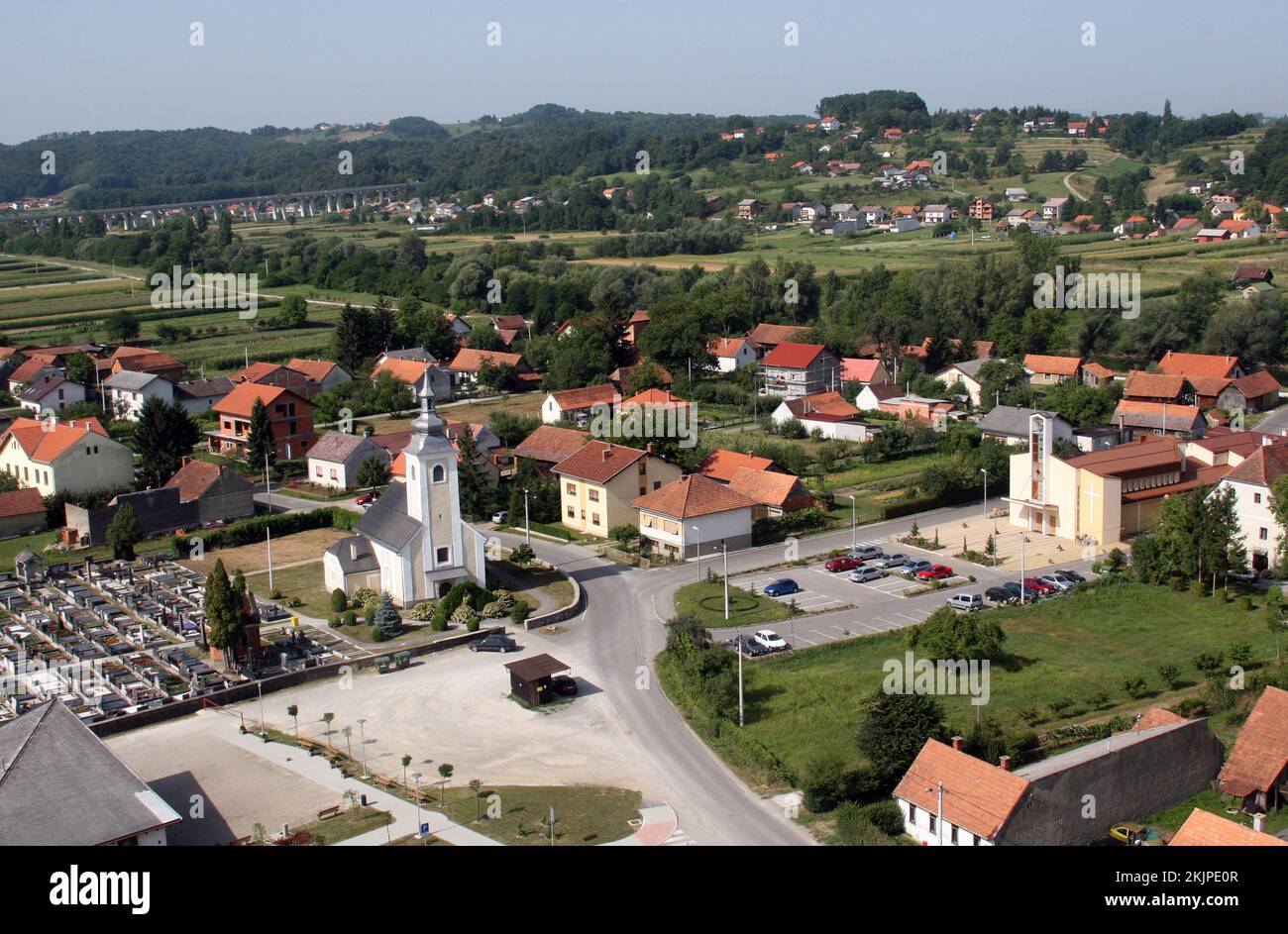 Parish Church of St. Martin and the Pastoral Center in Hrnetic, Karlovac, Croatia Stock Photo