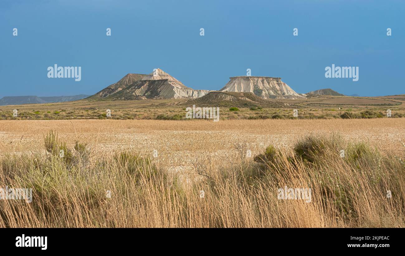 Semi-desert Bardenas Reales, eroded mountains, Natural Park and ...