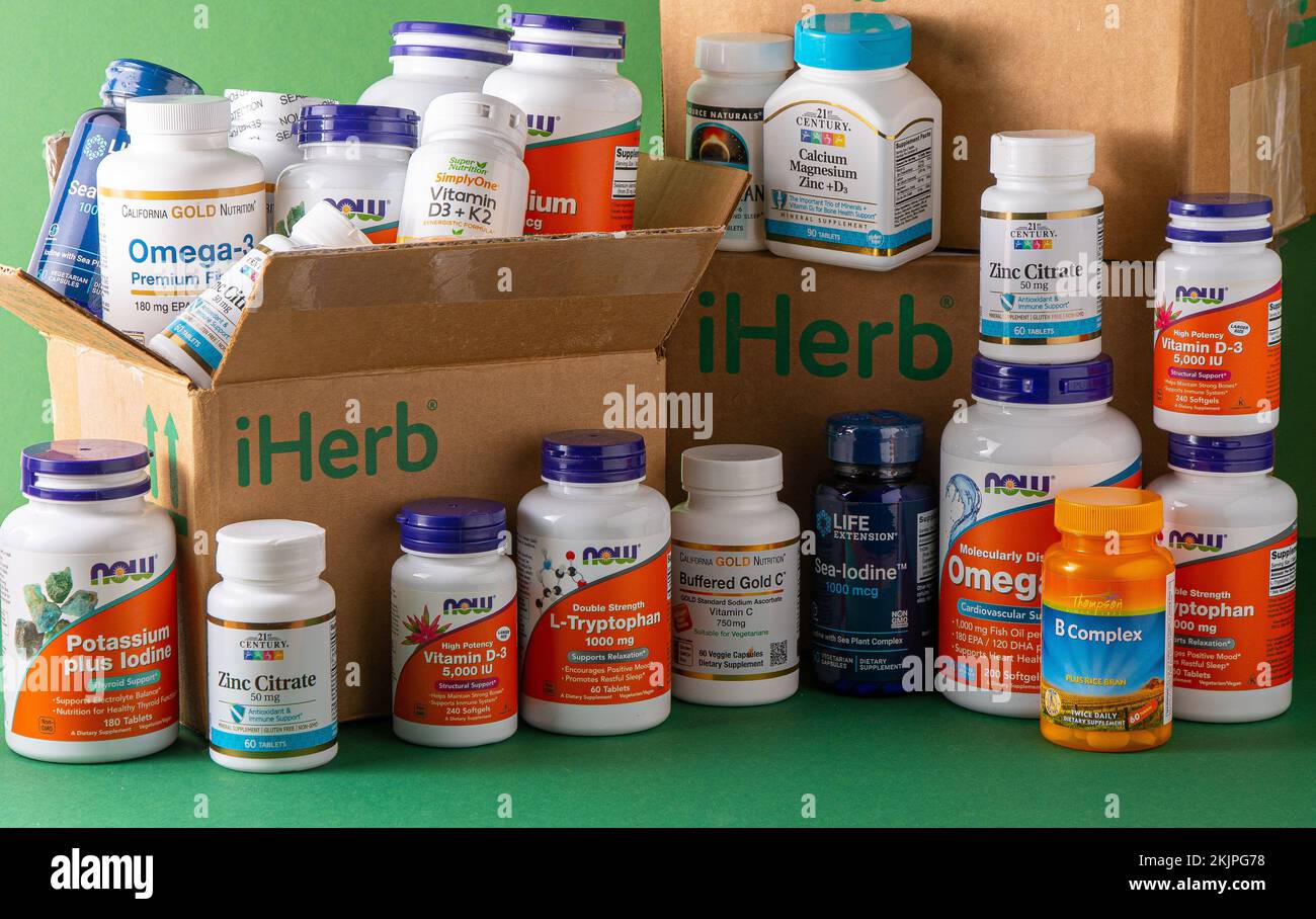 Vitamins, minerals and micronutrients from iHerb box. Lots of different