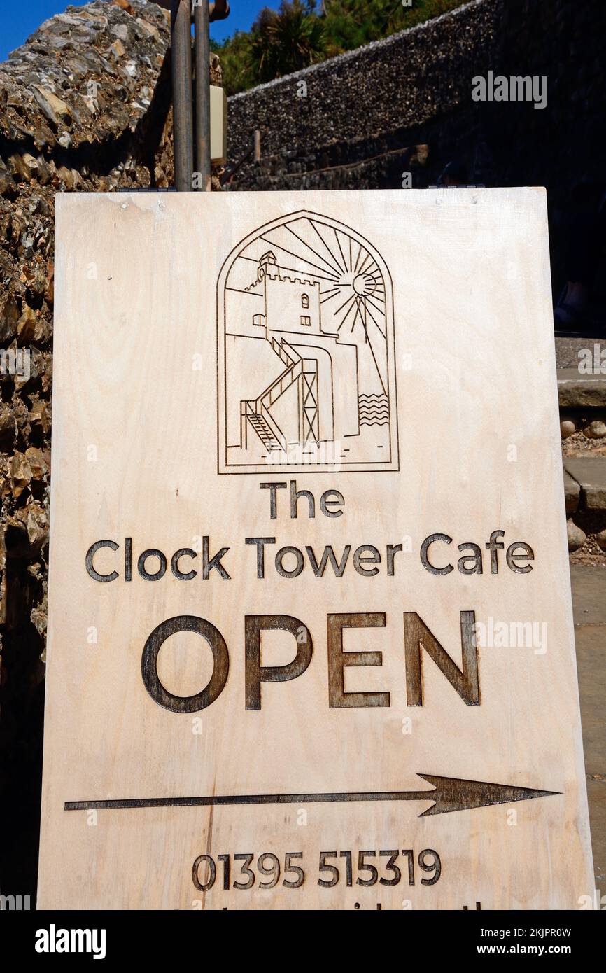 The Clock Tower cafe sign outside Connaught Gardens, Sidmouth, Devon