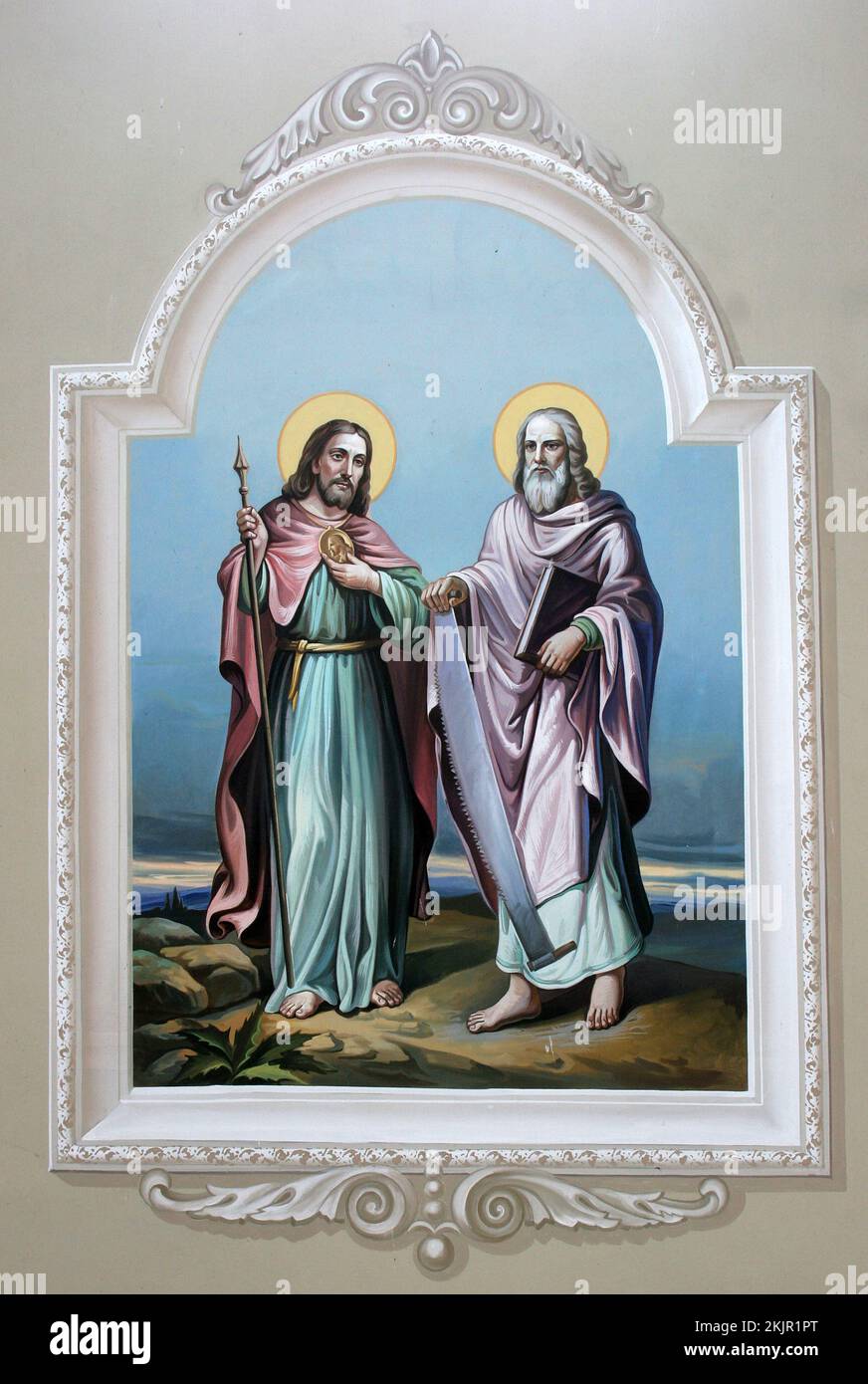 Saints Simon and Judas Thaddeus, fresco in the parish church of the Exaltation of the Holy Cross in Oprisavci, Croatia Stock Photo