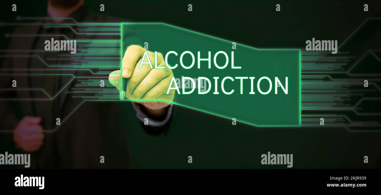 Hand writing sign Alcohol Addiction. Concept meaning characterized by