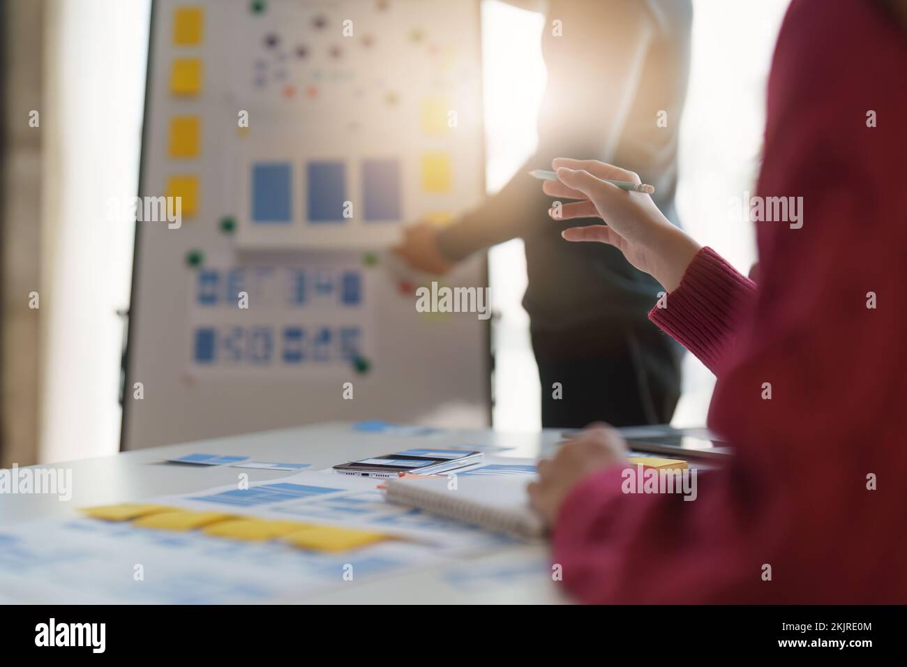 Group of UX UI or designers working to create content of mobile ...