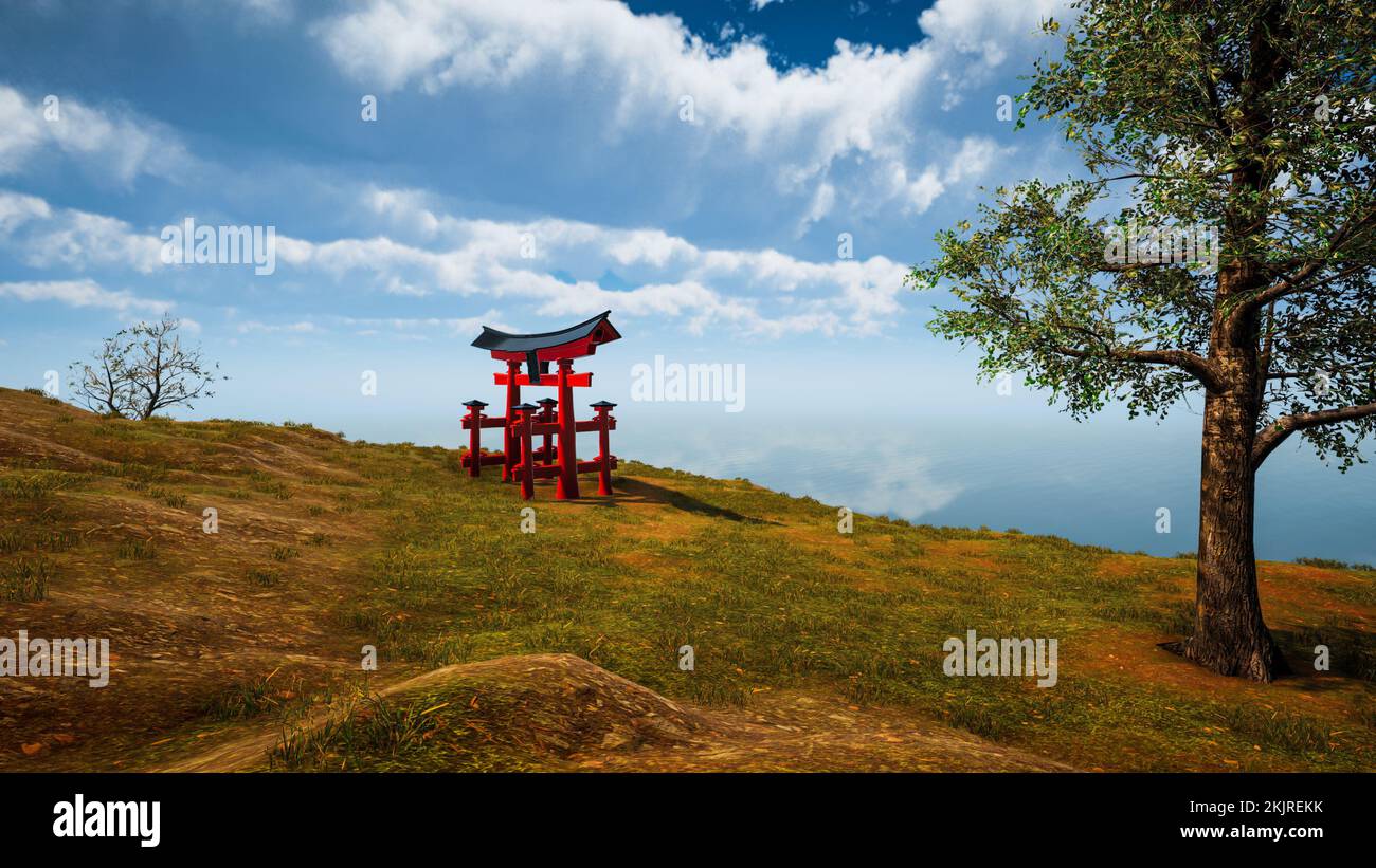 3D rendering. Japanese traditional gate Torii, symbol of Shintoism