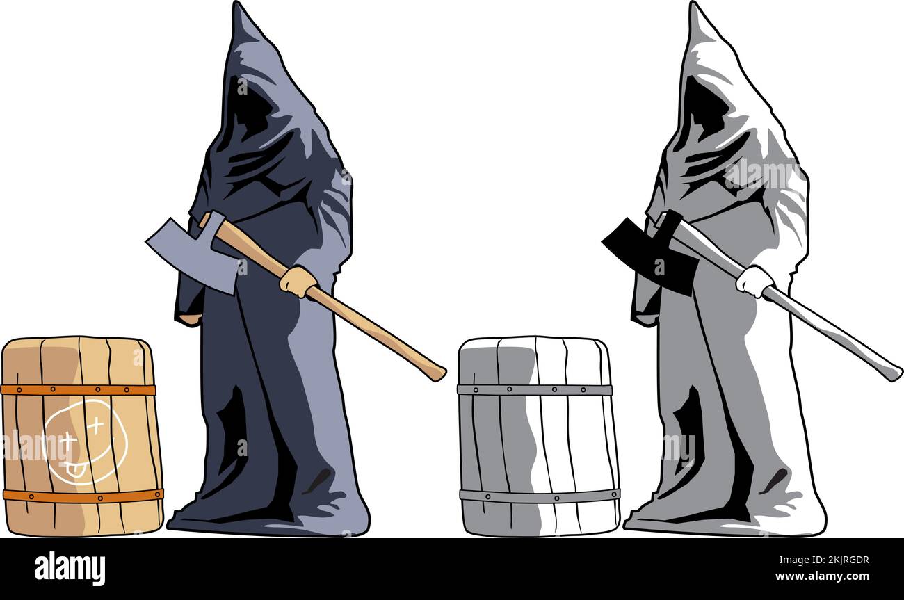 executioner, in black clothes with a hood, holds an ax Stock Vector