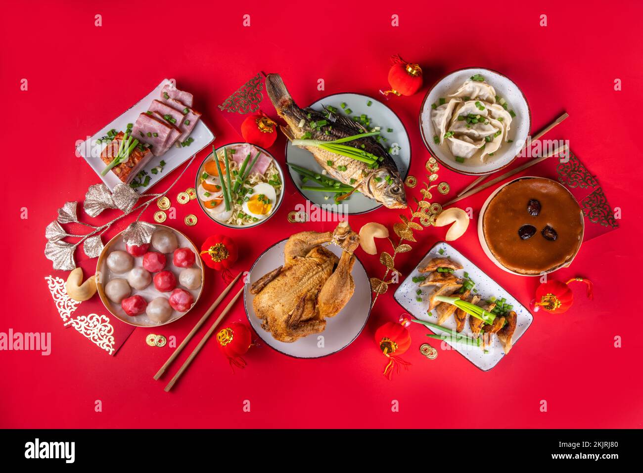 Traditional Chinese lunar New Year dinner table, party invitation, menu