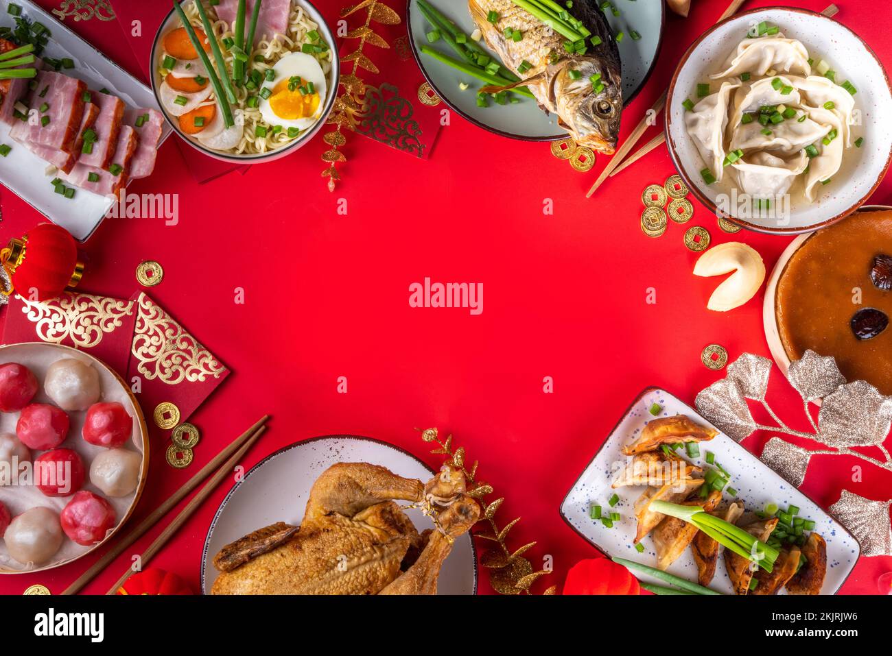Traditional Chinese lunar New Year dinner table, party invitation, menu