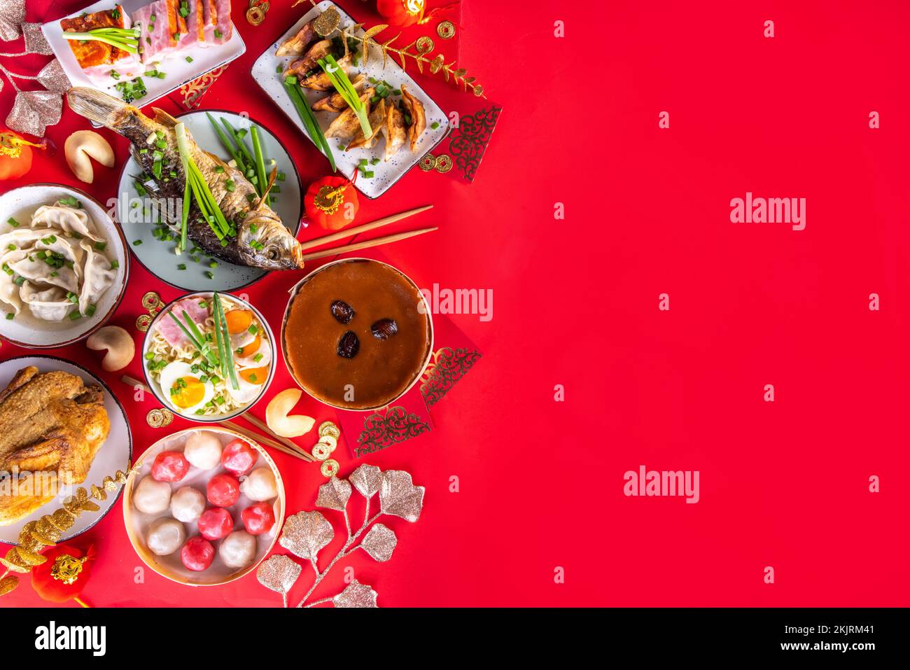 Traditional Chinese lunar New Year dinner table, party invitation, menu