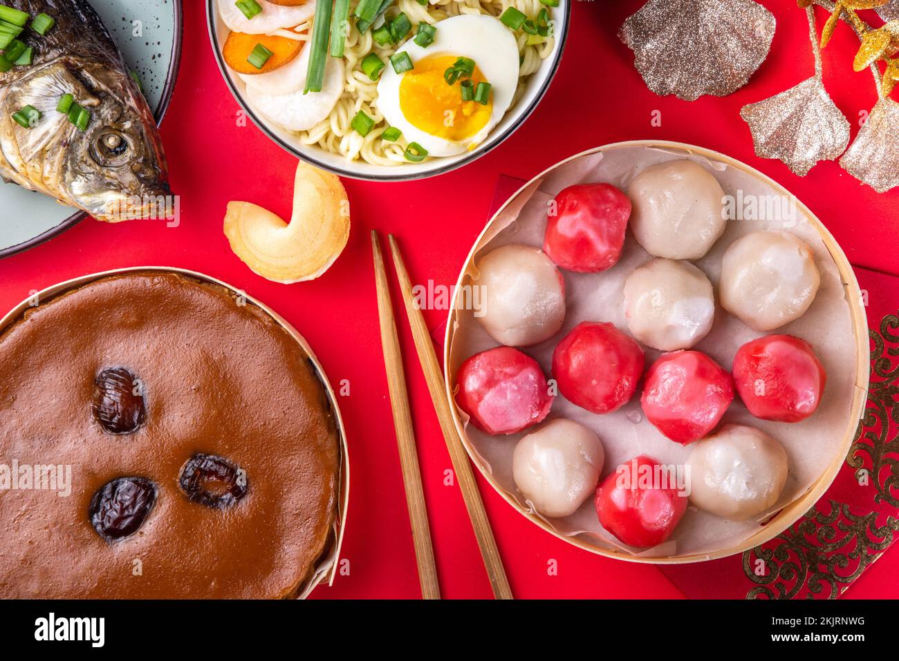 Traditional Chinese lunar New Year dinner table, party invitation, menu