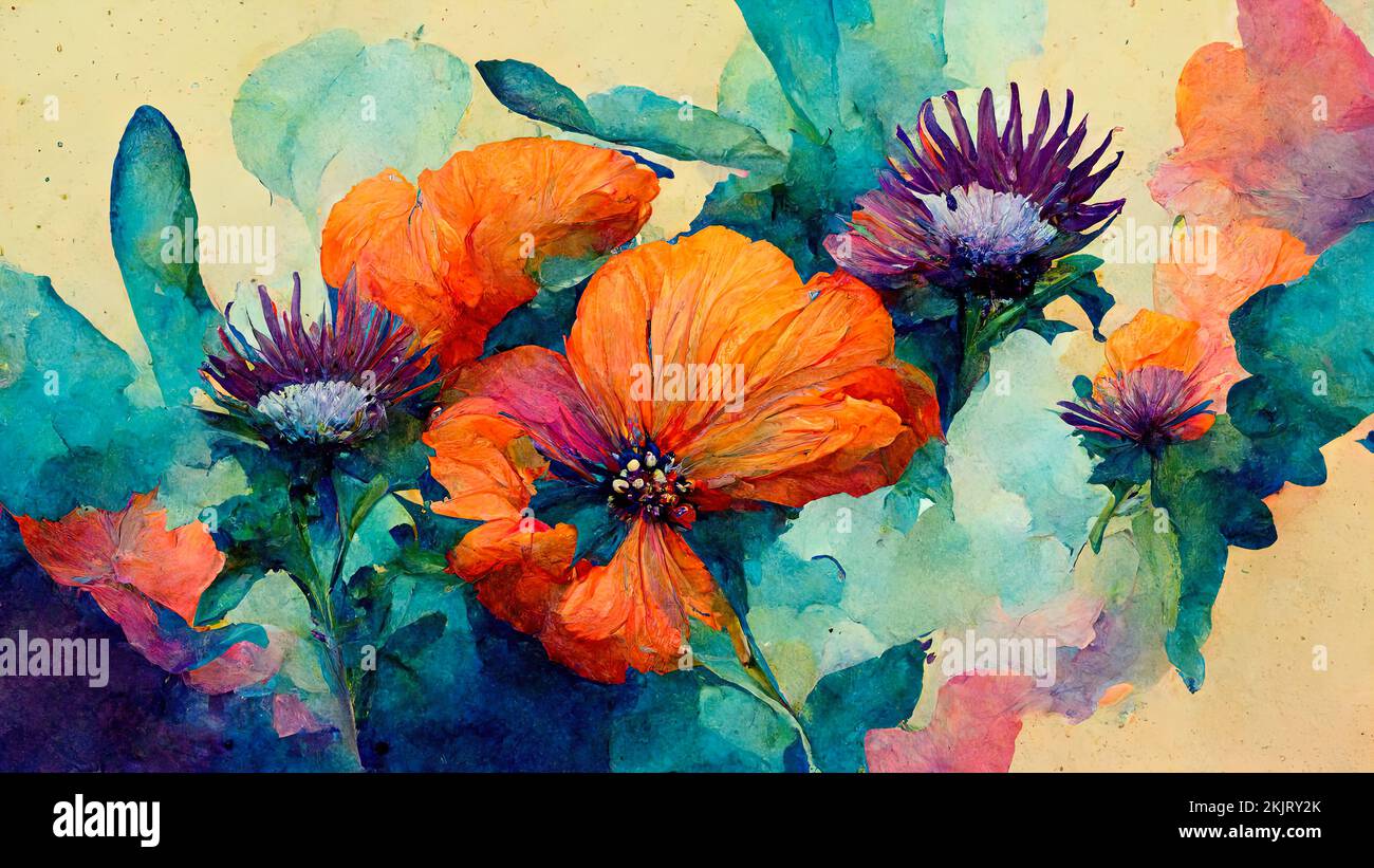 Abstract composition of plants and flower petals painting color texture ...