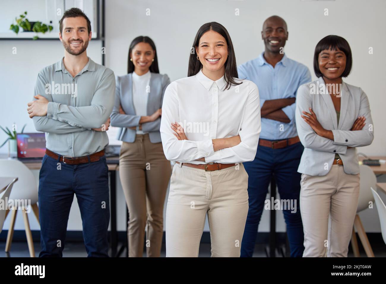Business people, diversity and success arms crossed in office with ...