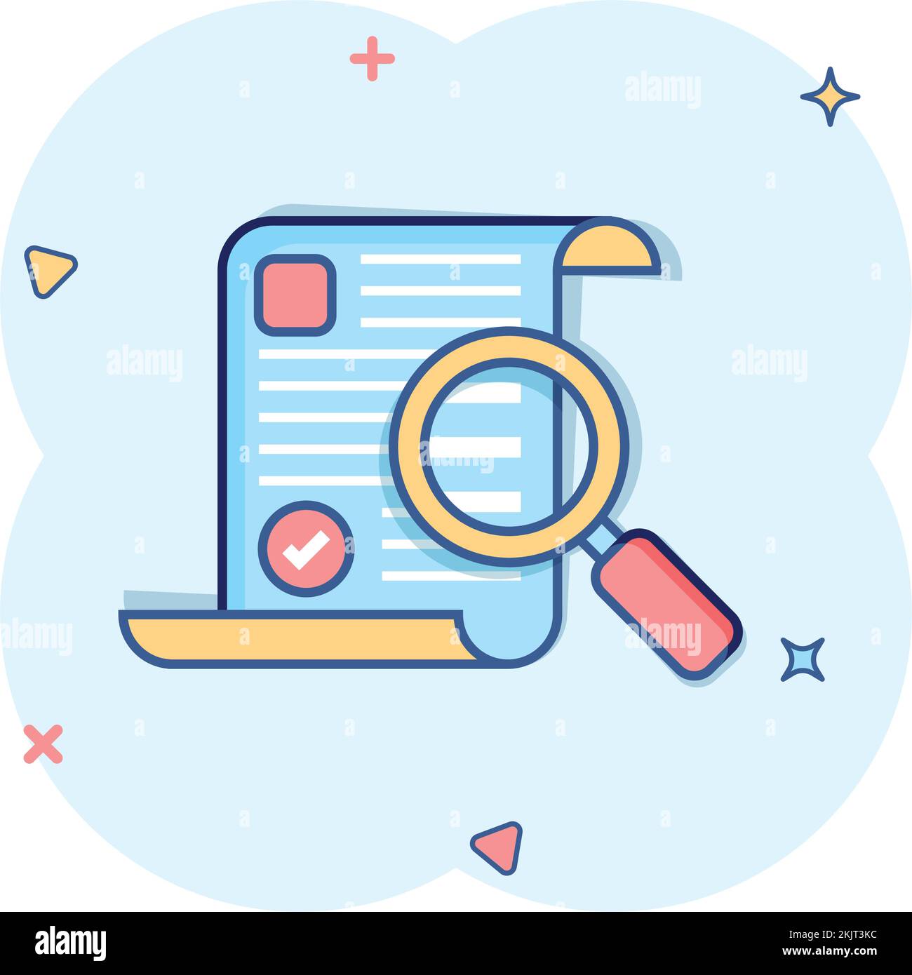 Magnifying glass with document icon in comic style. Report approval cartoon vector illustration on isolated background. Paper sheet sign business conc Stock Vector