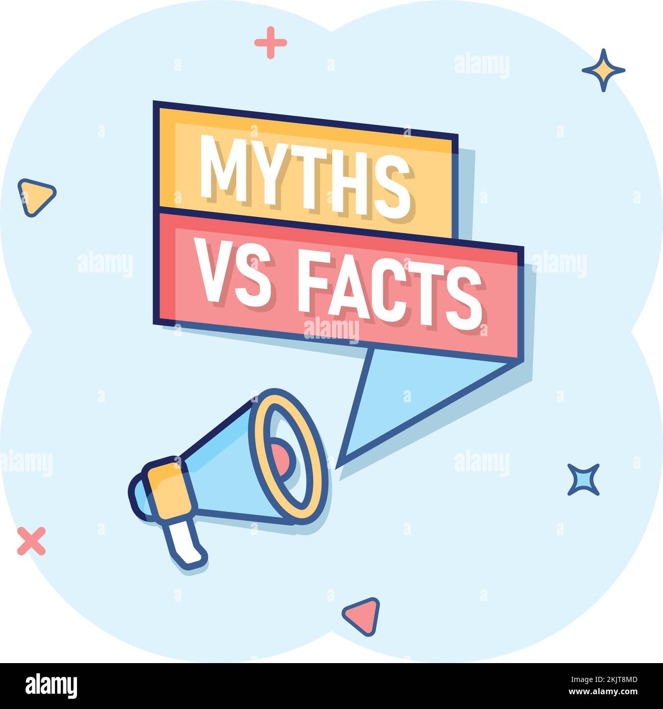 Myths vs facts megaphone icon in comic style. True or false loudspeaker