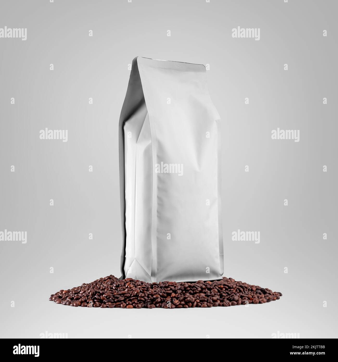 Mockup of a white big bag standing on coffee beans, front view, side view, for design, pattern, branding, advertising. Template package, stabilo coffe Stock Photo