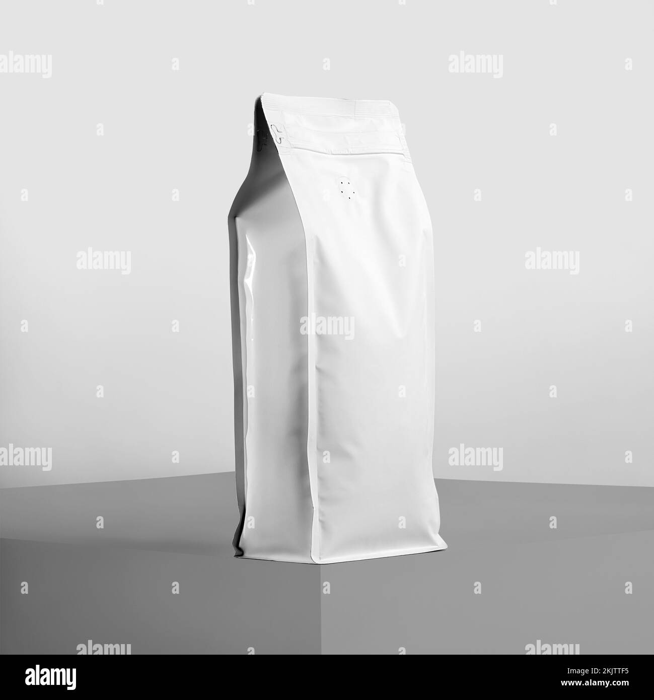 Template of a white bag for coffee beans, packaging on a cube, isolated on a background. Mockup of stabilo doypack with tea, product with place for de Stock Photo
