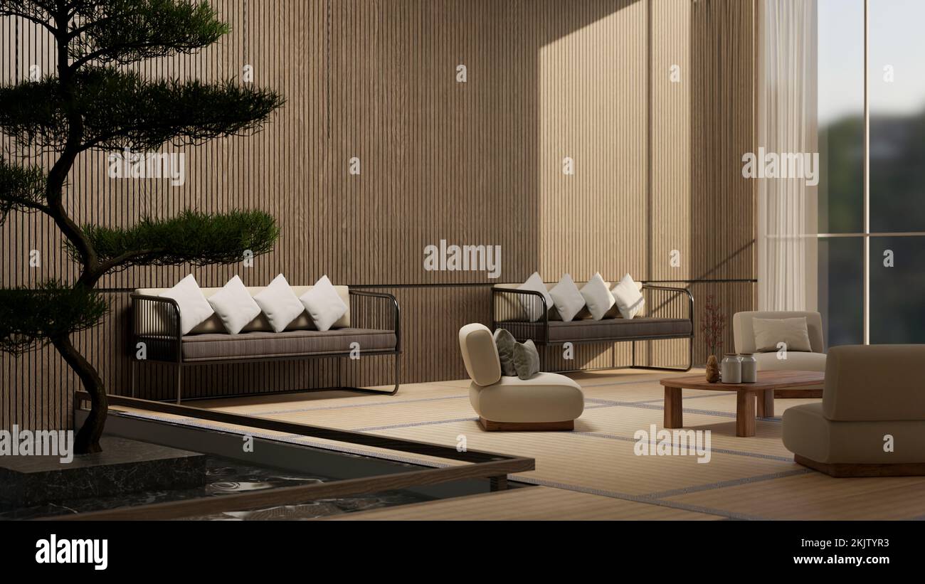 Luxury contemporary zen Japanese hotel lounge interior design with comfortable couch, large bonsai tree, coffee table, wood plank wall, large glass wa Stock Photo
