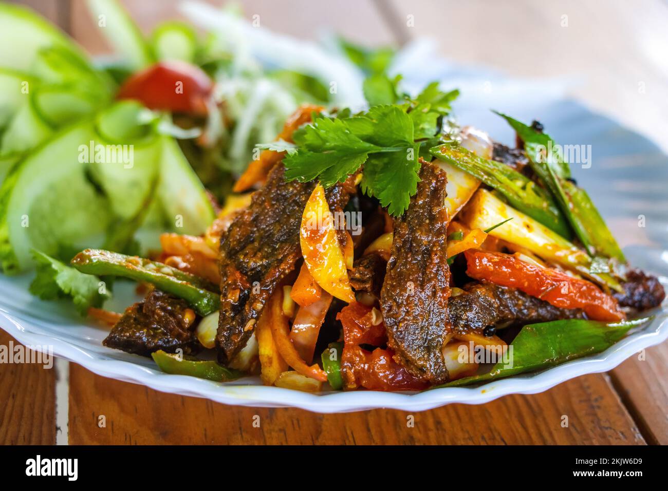 Nepali snacks Spicy Buffalo Dried Meat Sukuti Stock Photo