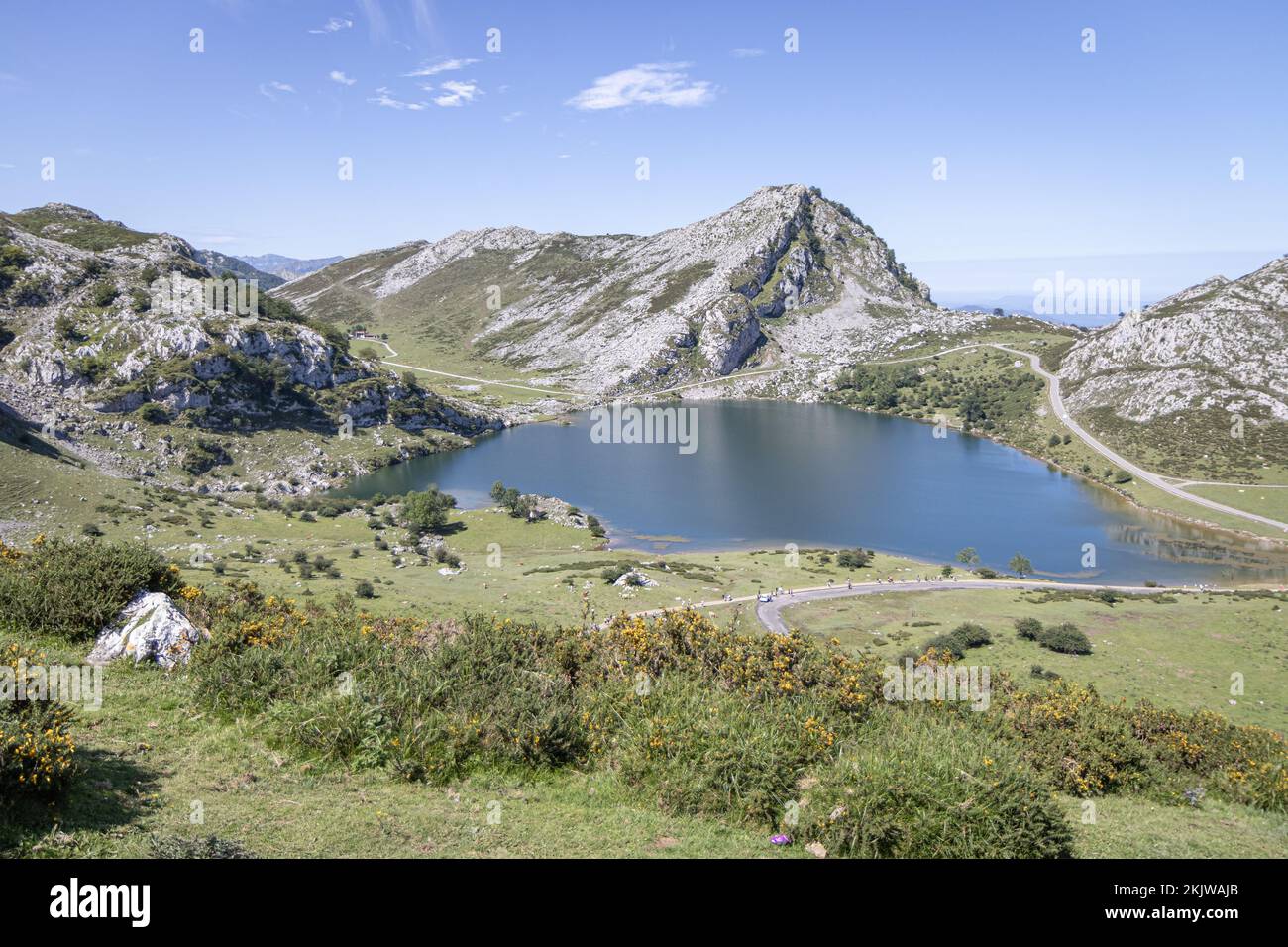Lago Enol seen from La Picota, Lakes of Covadonga, Picos de Europa National Park, Asturias, Spain Stock Photo
